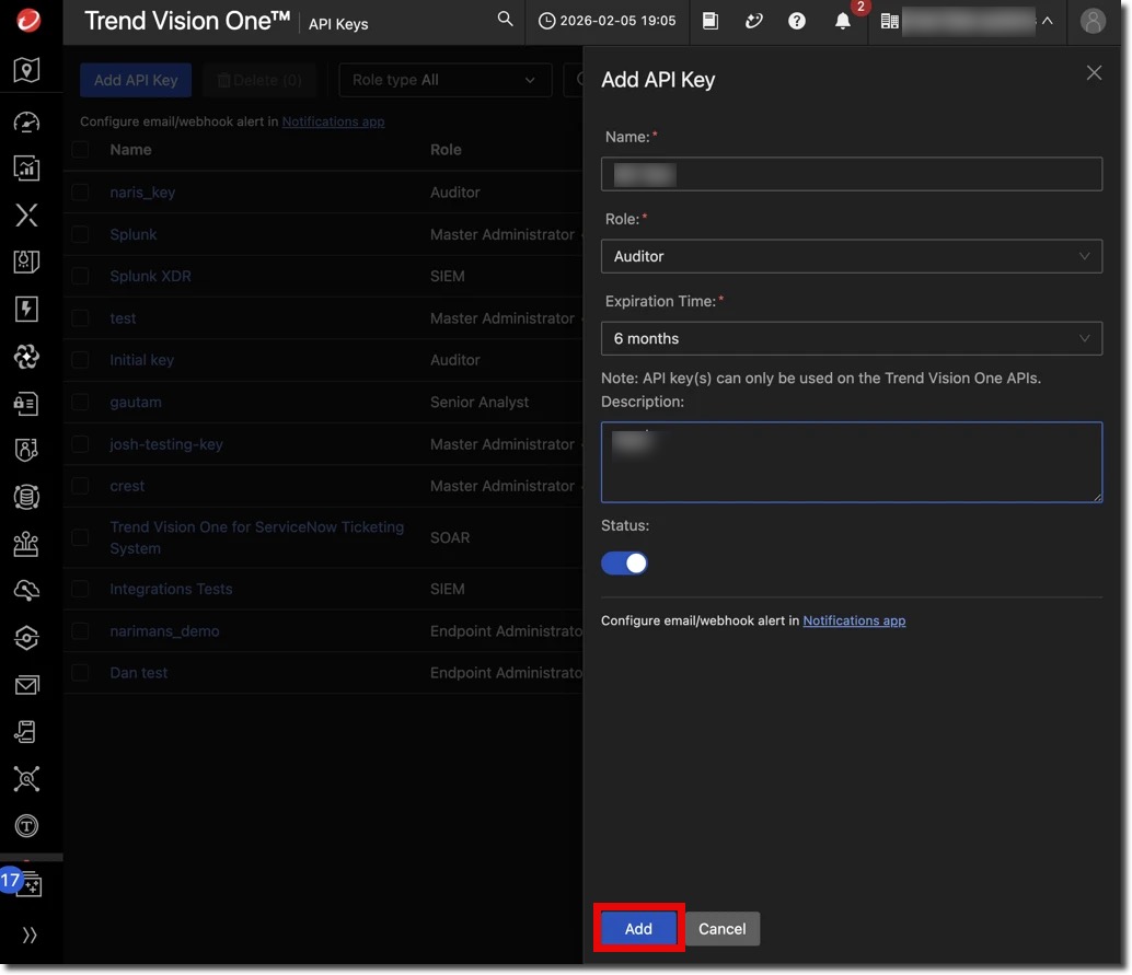 Trend Vision One console API Key