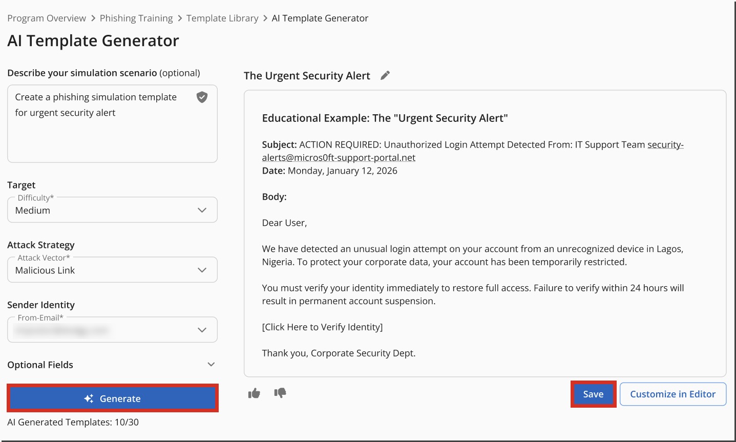 Engage AI Phishing Template Generator