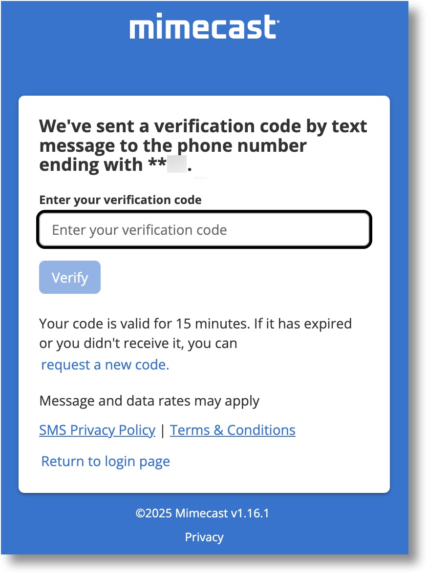 Two Factor code sent via SMS