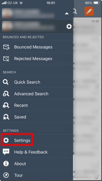 Mimecast Mobile Menu Navigating to Settings