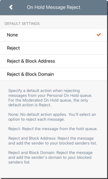 Mimecast Mobile On Hold Message Reject Settings