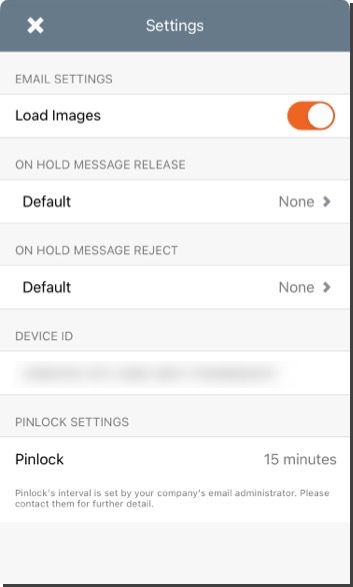 Mimecast Mobile Settings Screen Including Email, Hold Message and Pinlock Settings, and Device ID