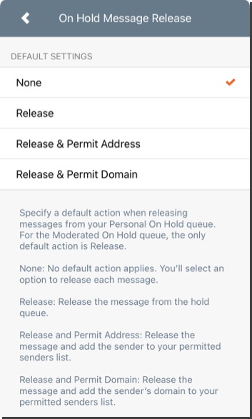 Mimecast Mobile On Hold Message Release Settings