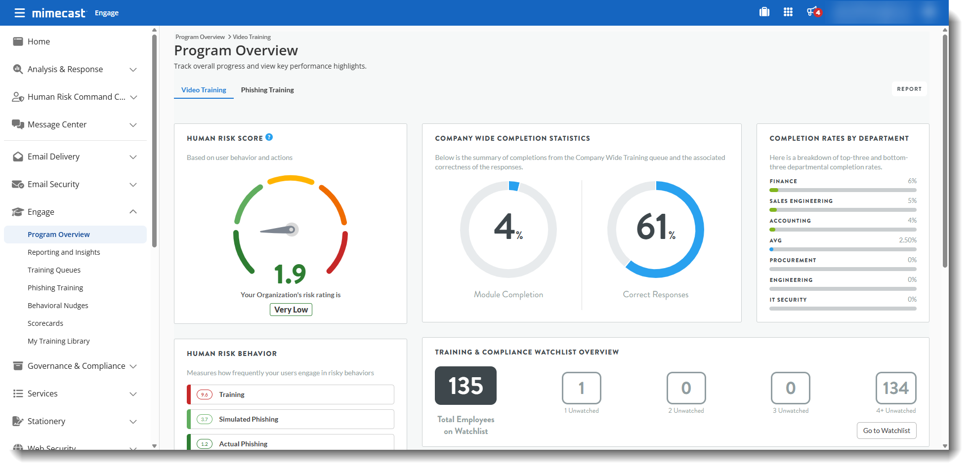 Engage Multi-Product Program Overview, with Engage shown within the left-hand navigation in the Mimecast Administration Console