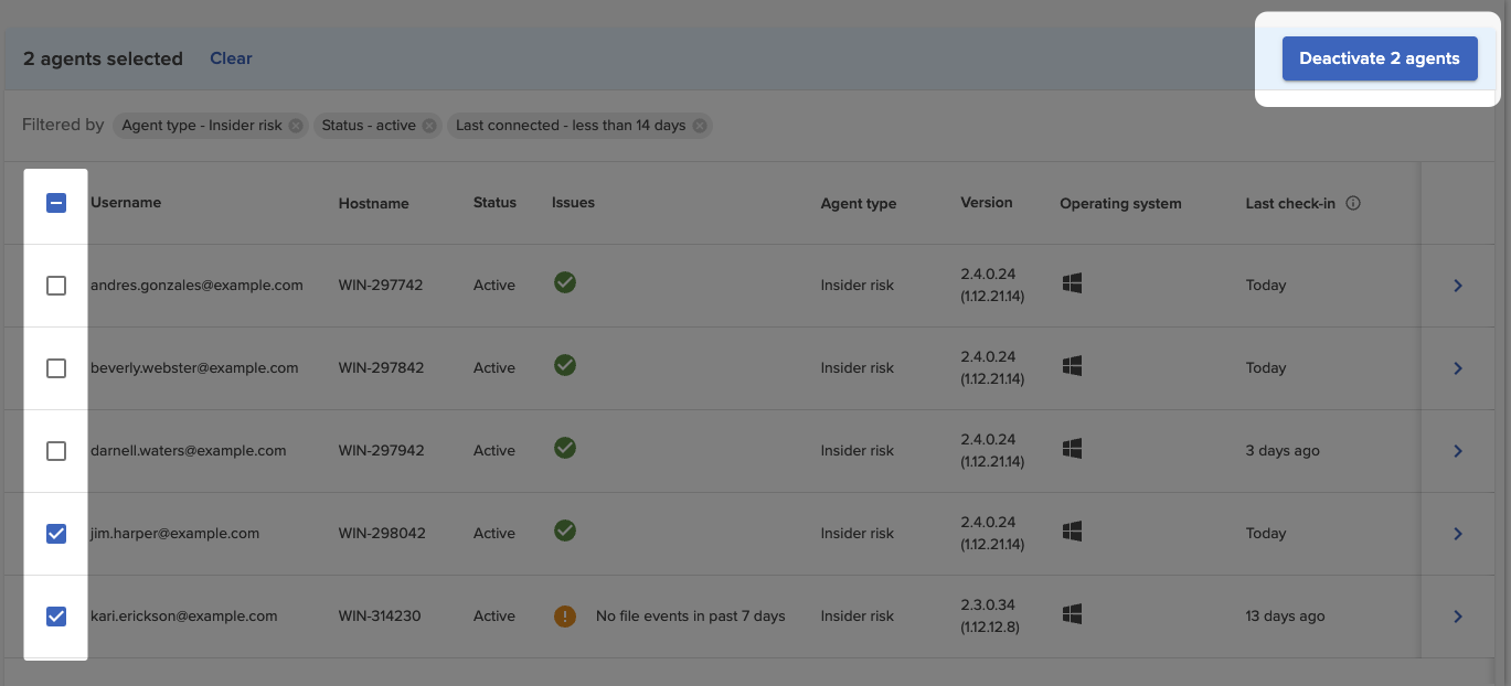 Select multiple agents to deactivate