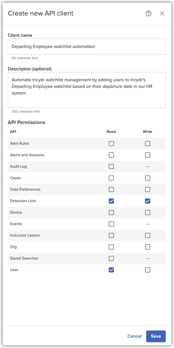 Create new API client dialog