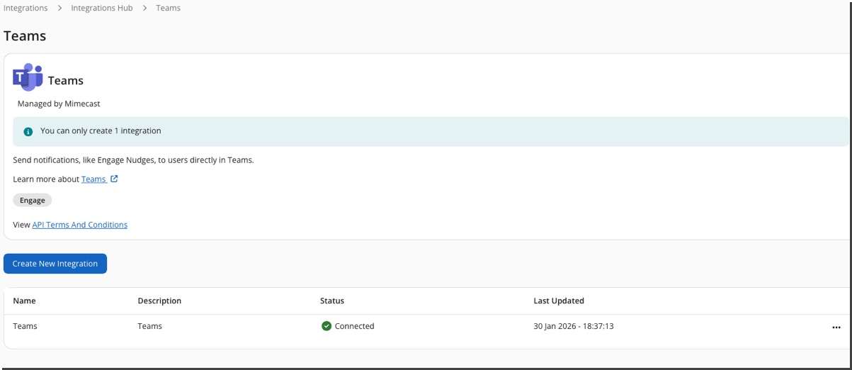 Teams integration page, within the Integrations Hub