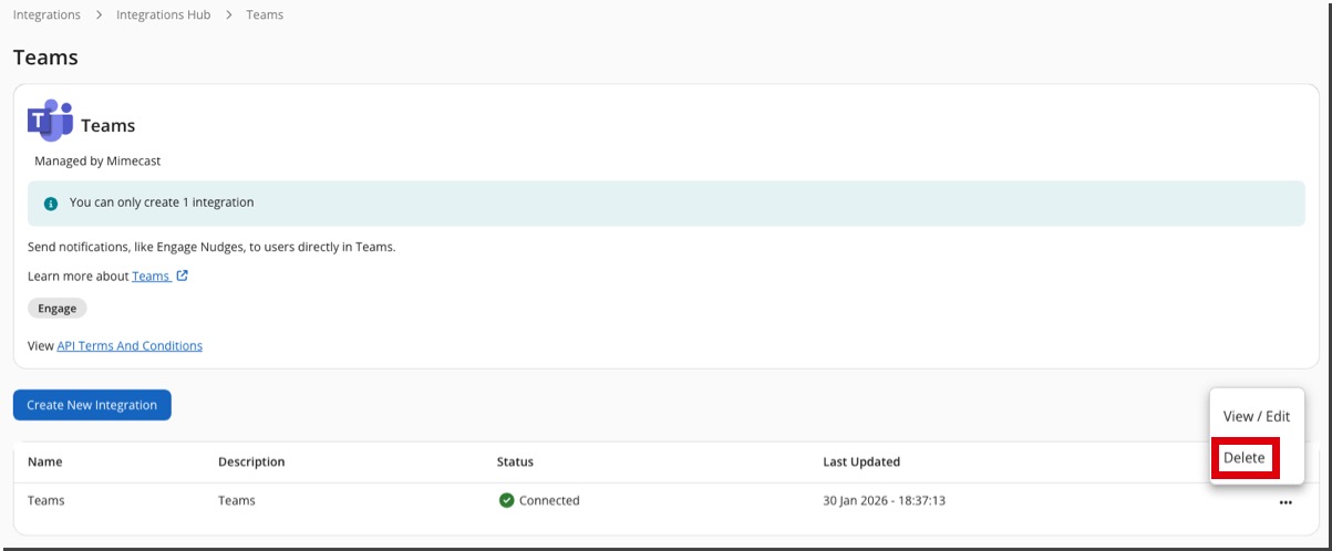 Teams integration page, with delete action selected
