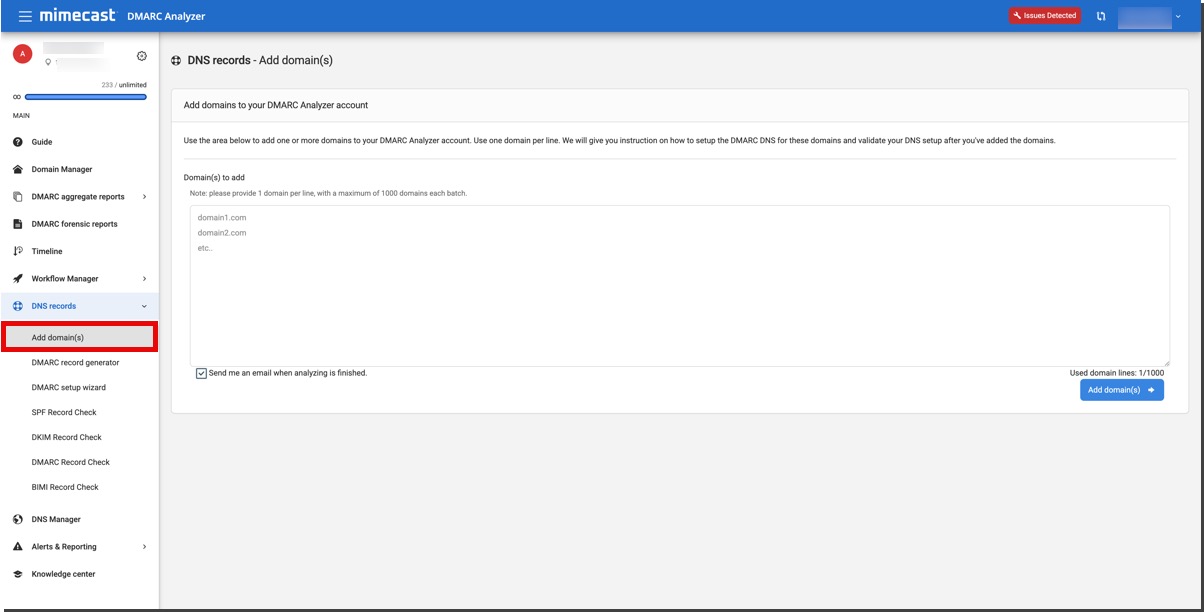 DMARC Analyzer 1.0 Add Domains Navigation
