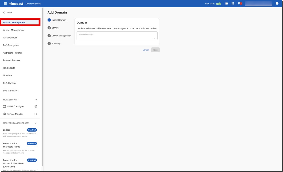 DMARC Analyzer 2.0 Add Domain via Domain Management