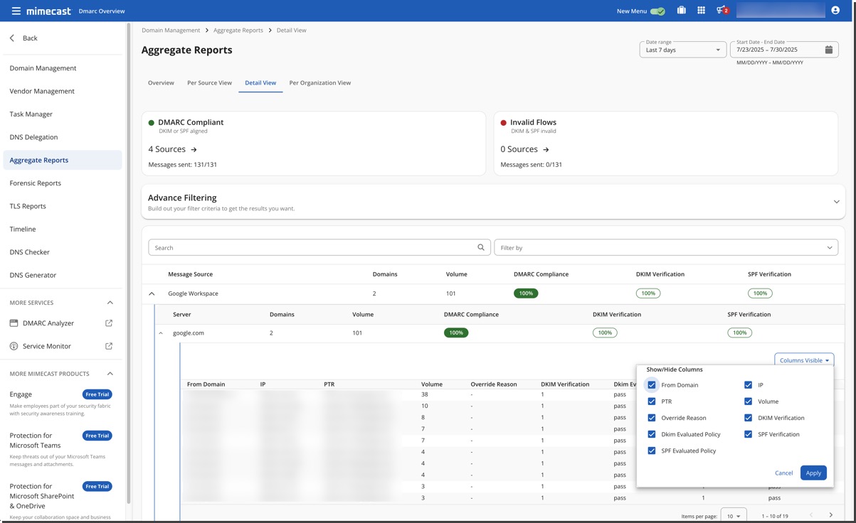 DMARC Analyzer 2.0 Aggregate Reports search and filter