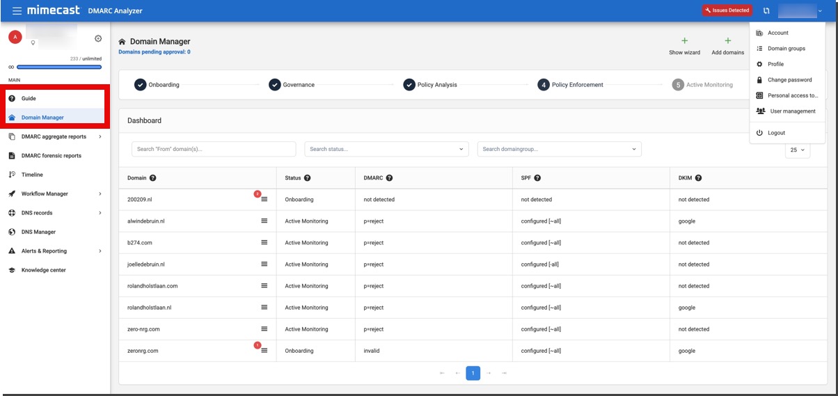 DMARC Analyzer Analyzer 1.0 Domain Manager screen