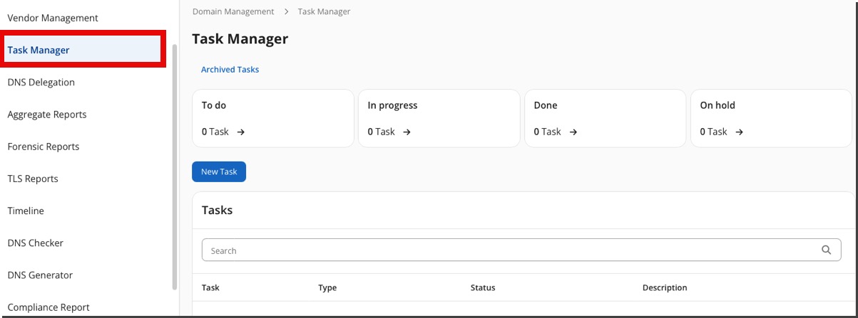 DMARC Analyzer 2.0 Task Manager navigation