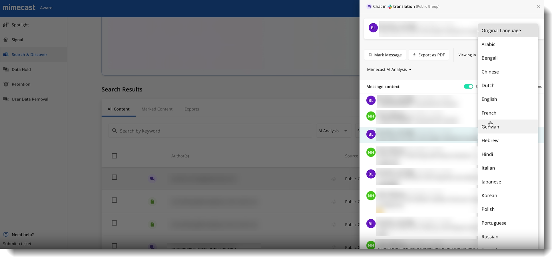 Aware Message Translation Language Options