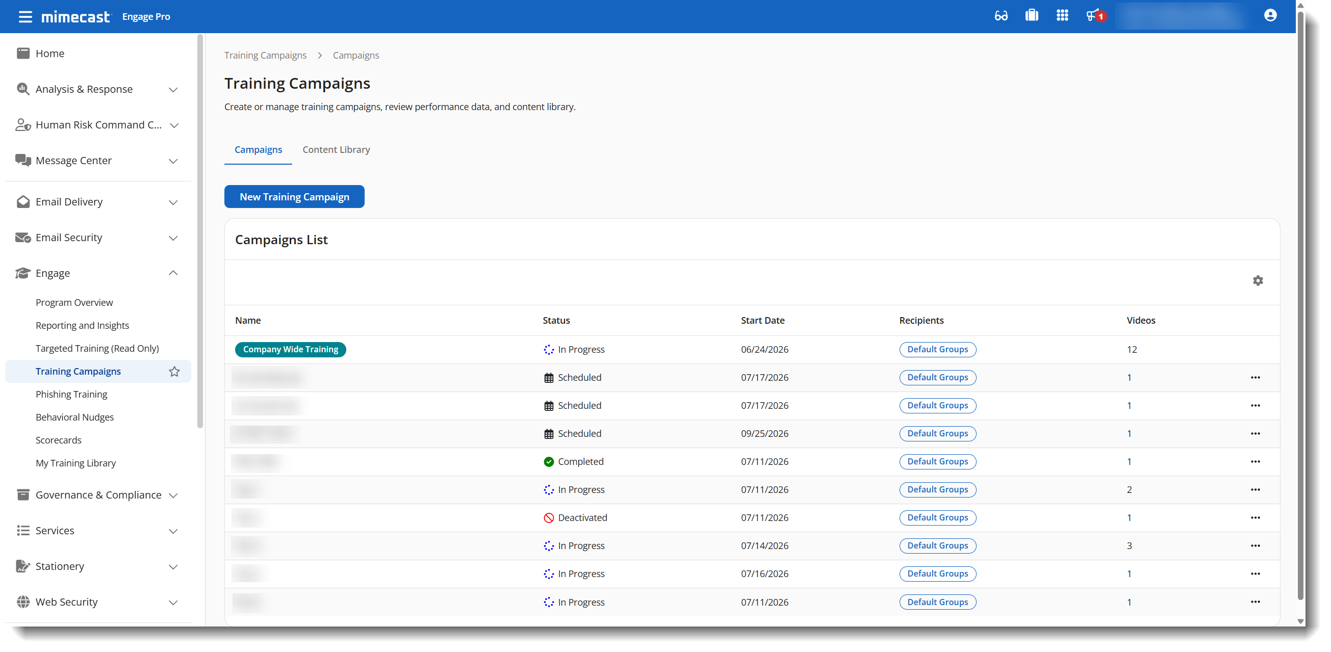 Training Campaigns Page