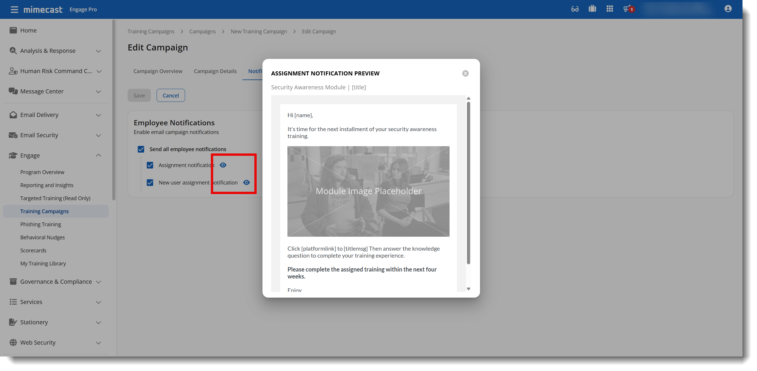 Notifications page