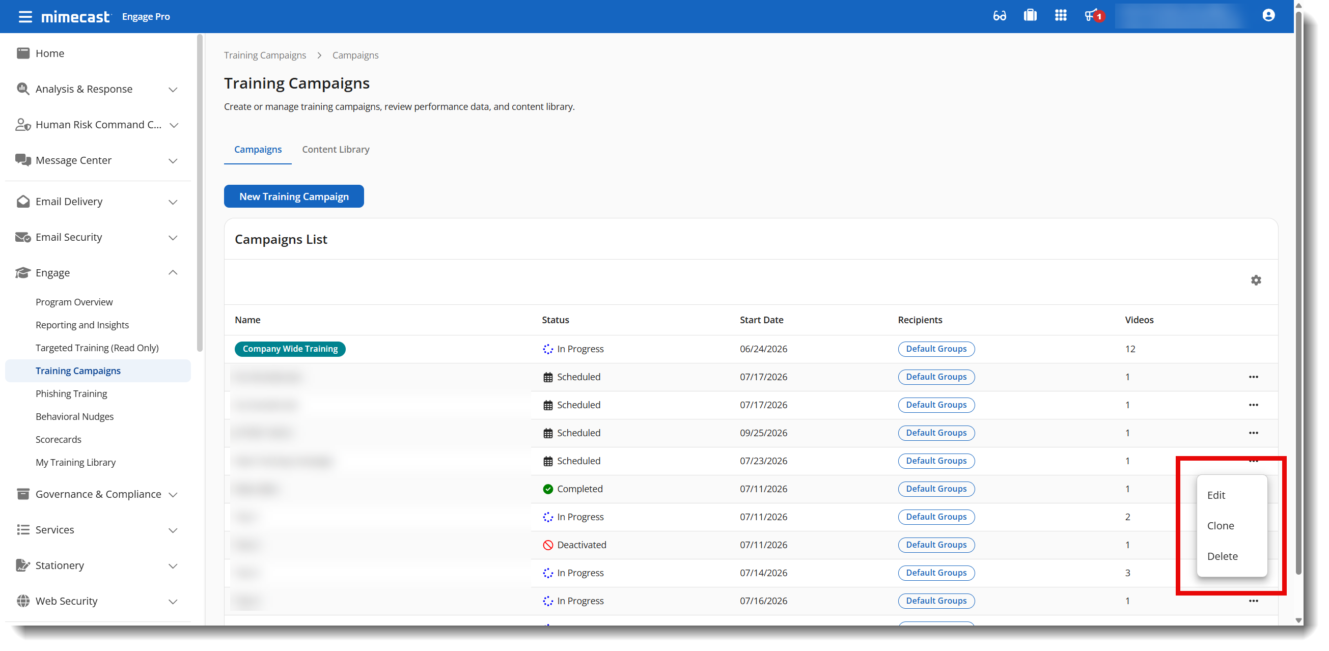 Training Campaigns page