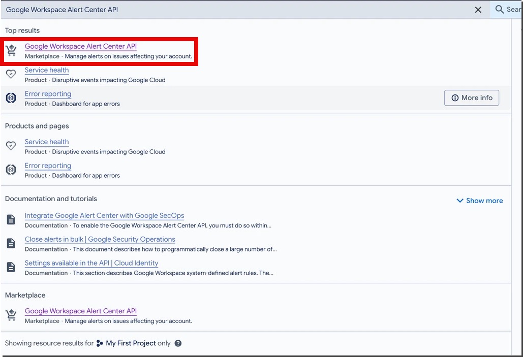 Google Workspace Alert Center API search results