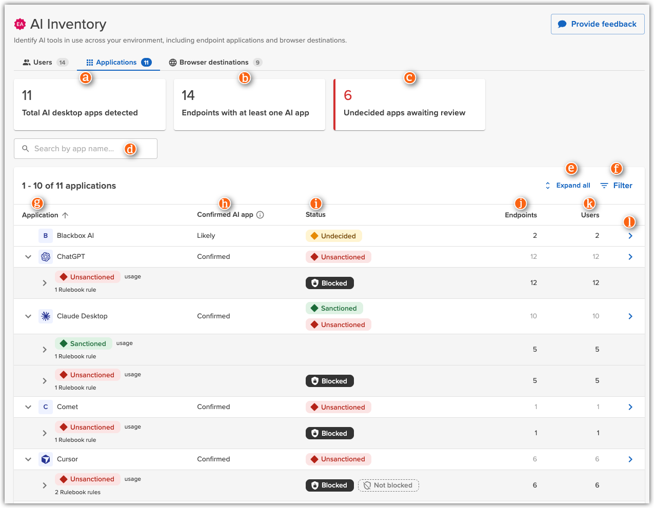 Incydr Agent Risk Center AI Inventory dashboard, Applications tab, showing summary data for detected AI desktop apps, followed by a table with status and usage details for each app.